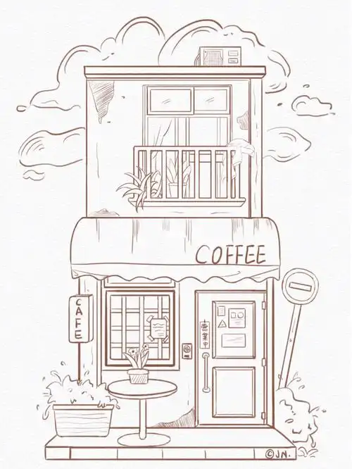 原创插画线稿小房子咖啡店07100
