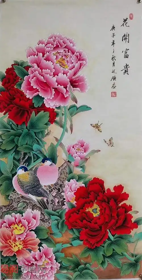 胡记领工笔花鸟画四尺竖幅《花开富贵》(作品来源:易阁字画)
