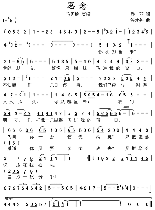 思念 毛阿敏 歌谱 简谱