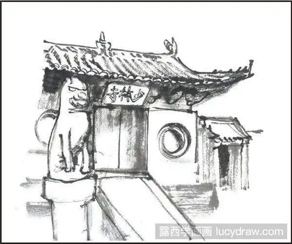 如图所示:国画少林寺教程具体绘制方法:绘图工具:毛笔,墨,砚