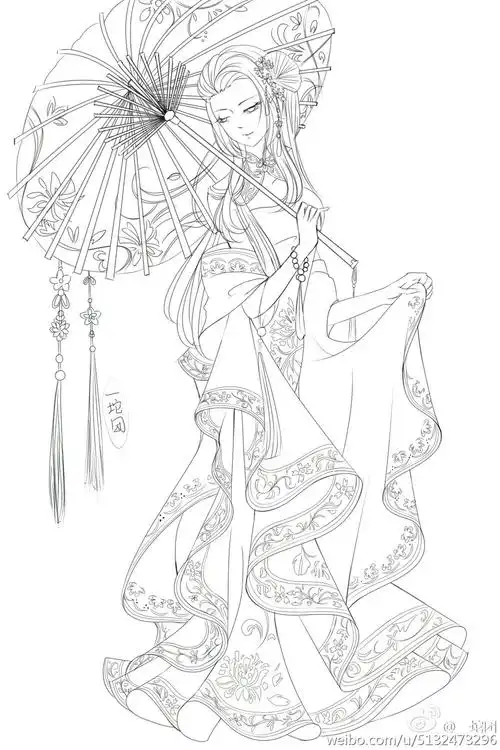 女子裙装正面全身像古风奇迹暖暖手绘线稿漫画绘画素材byantique