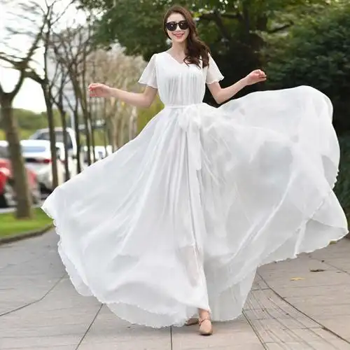 白色雪纺长裙纯色大摆沙滩裙宽松大码波西米亚连衣裙海边度假裙子