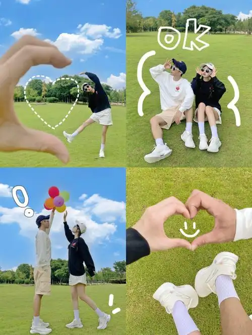 创意七夕情侣草地拍照姿势浪漫氛围情侣照