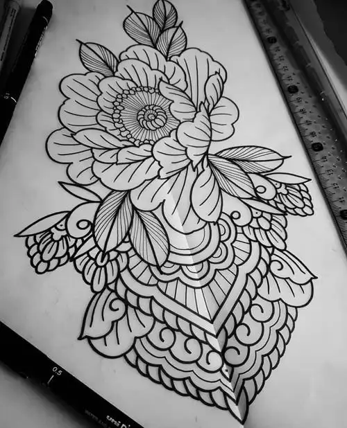 黑灰梵花牡丹纹身手稿6