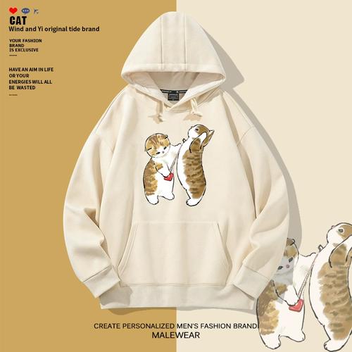 oversize卫衣男加绒冬季外套猫咪量腰围趣味卡通图案休闲连帽上衣