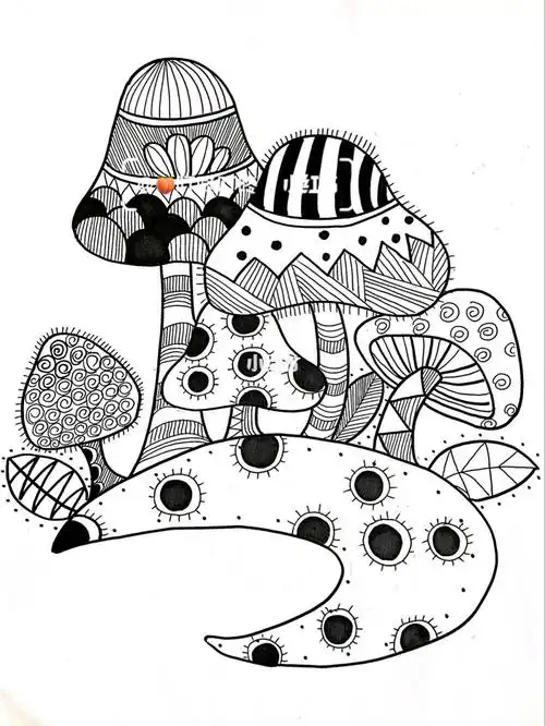 03线描黑白装饰画奇妙的蘑菇林