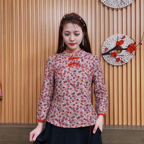 女民族风春夏款式碎花唐装小上衣女装短款复古风盘扣t恤打底衫国