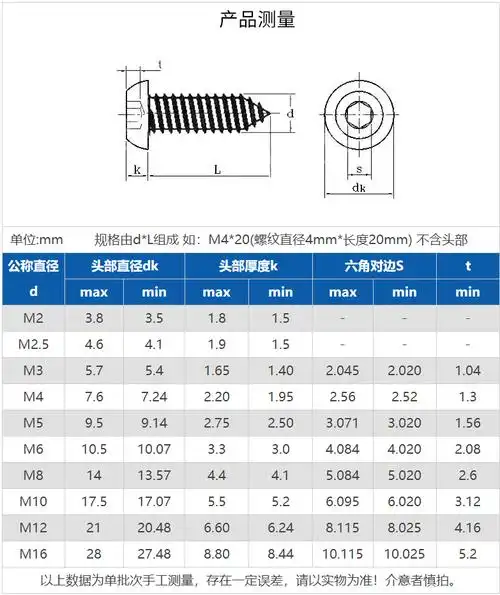 304不锈钢圆头内六角自攻螺丝钉盘头自贡m2m23m26m3m4m5m6mm丰季m6
