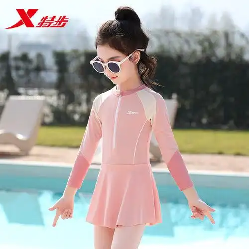 【56.9】特步儿童泳衣女孩女童中大童连体长袖