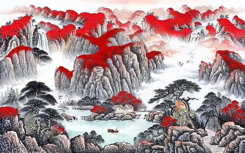 风水画鸿运当头水墨招财电视客厅背景墙