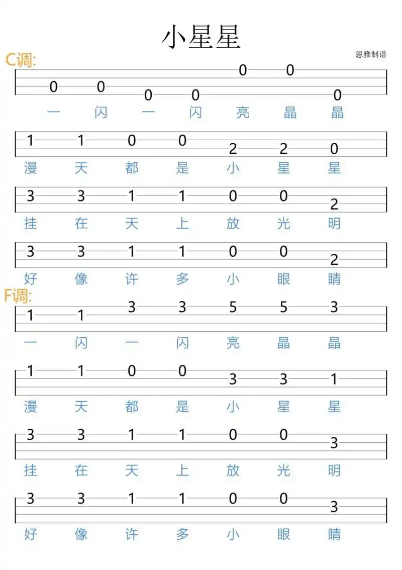《小星星》/尤克里里新手指弹谱 给新手同学们带来一首超简单的儿歌