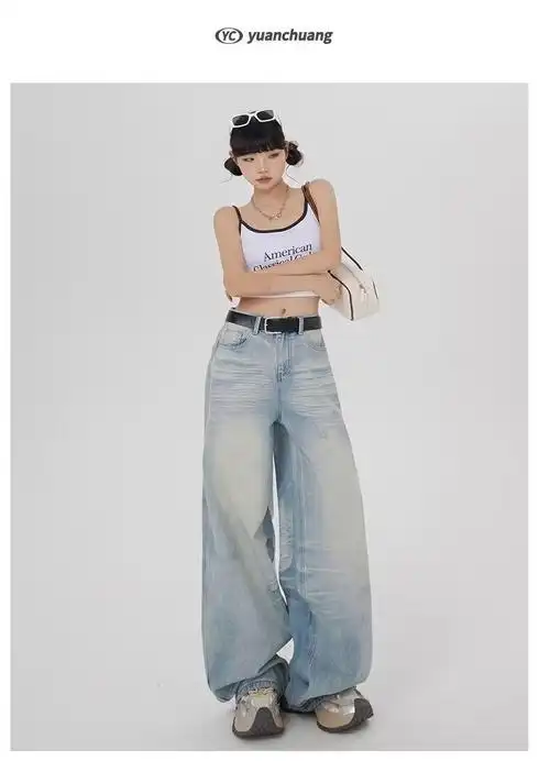 美式折痕水洗低腰阔腿牛仔裤女高街复古浅色垂感破洞宽松拖地裤