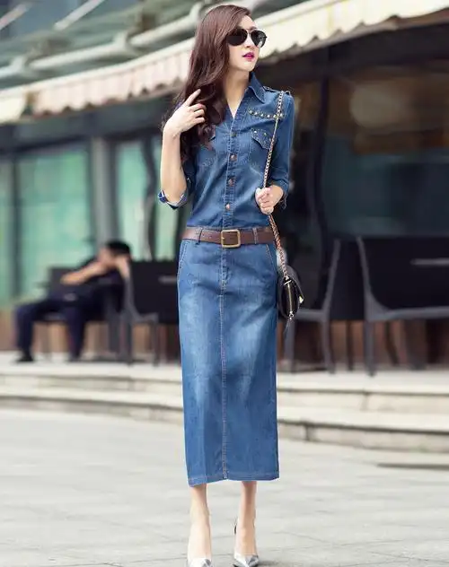 牛仔蓝长款修身牛仔连衣裙