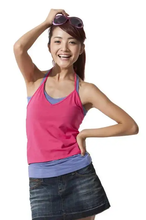 笑,微笑,竖图,白色背景,正面,裙子,快乐,中国,亚洲,休闲装,夏天,叉腰