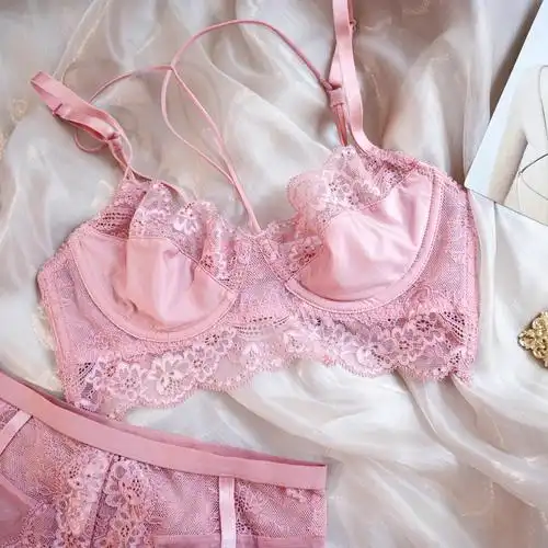 粉色蕾丝内衣一套薄款大胸显小bra超薄少女文胸套装