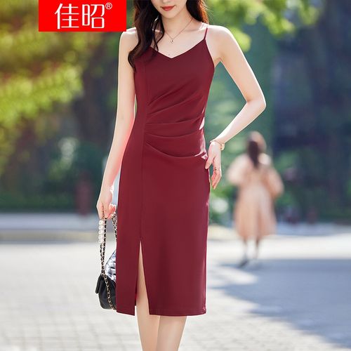 连衣裙女夏季设计感开叉打底裙感气质收腰性感中长裙 大红色吊带裙 s