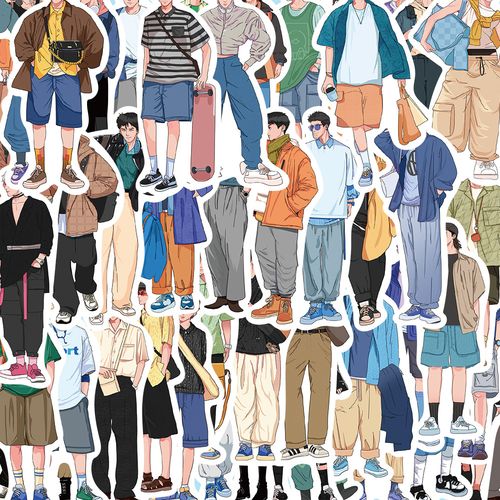 50张男友穿搭指南手帐贴纸卡通男生人物穿搭装饰手机贴画一件代发