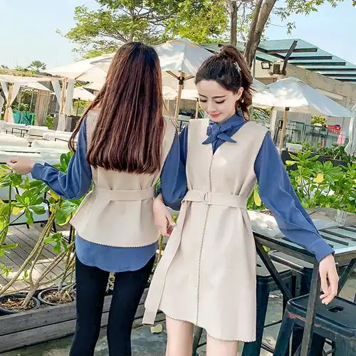 实拍2019春季新款网红闺蜜装衬衣毛呢外套两件套套装 9822