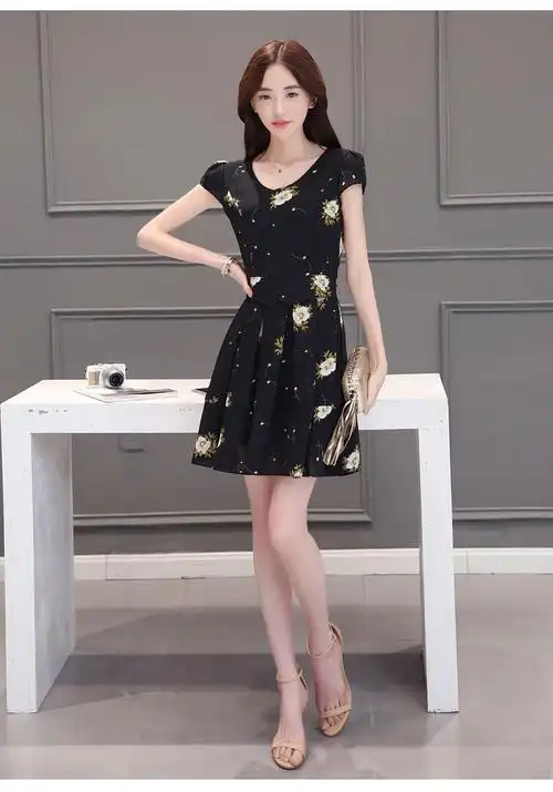 夏季短袖雪纺连衣裙夏装大码女装韩版修身显瘦百褶a字短裙子夏天 黑色