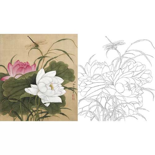 荷花工笔画白描底稿临摹清代画家余稚《荷花蜻蜓》花鸟国画打印稿