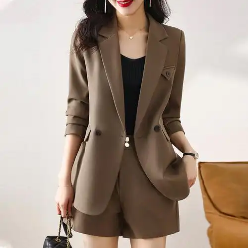 咖色西装外套女春秋长袖韩版休闲职业装女神范正装小西服短裤套装