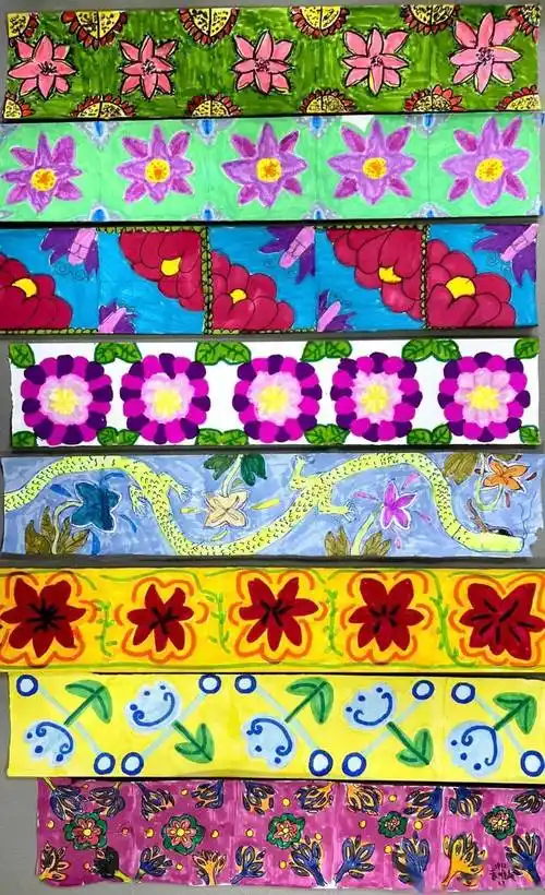 禹点美术|花儿朵朵——四年级二方连续纹样作品展_花卉_禹娃_传统