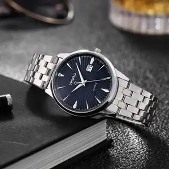 睿戈ruige防水石英手表镶钻表盘日历腕表钢带商务男士手表银壳渐变