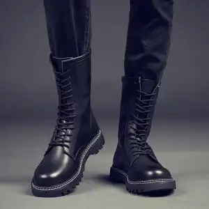 男士长筒皮靴黑色马丁靴男冬季加绒单靴高帮内增高6cm防水真牛皮