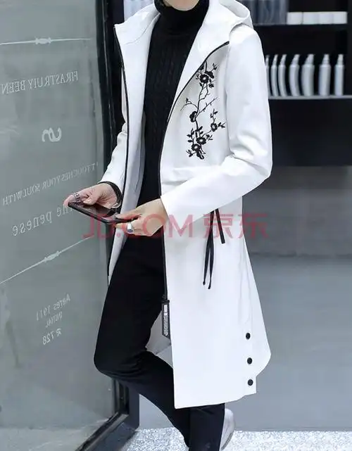 学生皮风衣男过膝长款连帽大衣韩版潮男士修身中长款