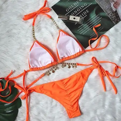 ins性感纯色水晶钻石比基尼三点式丁字绑带分体泳衣女biki sexy 蓝色