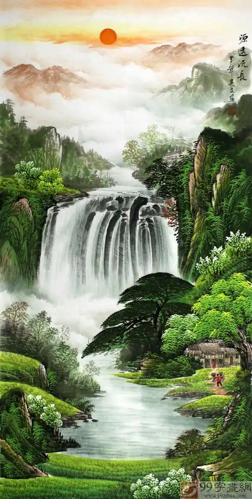 青翠茂密,红日高照寓意有好兆头;烟云弥漫,滚滚而来,有聚财,招财之意