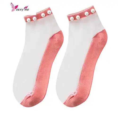 袜子女花边珍珠仙女袜网红水晶短袜夏季透明薄款玻璃丝袜fishbasket