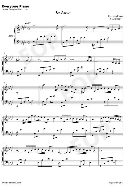 in love钢琴谱_july_沉浸在爱中-明明简谱网