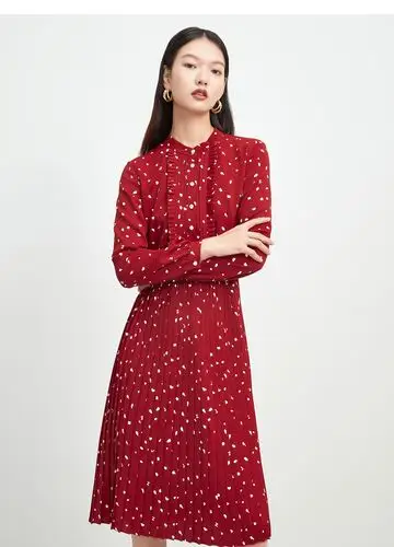 juzui/玖姿2021春季新款红色波点印花收腰中长女雪纺连衣裙 花大红 xl