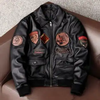 短款翻领绵羊皮皮衣多标空军飞行服男士帅气夹克外套 黑色光面绵羊皮