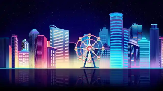 手绘插画霓虹天际城市楼房夜景