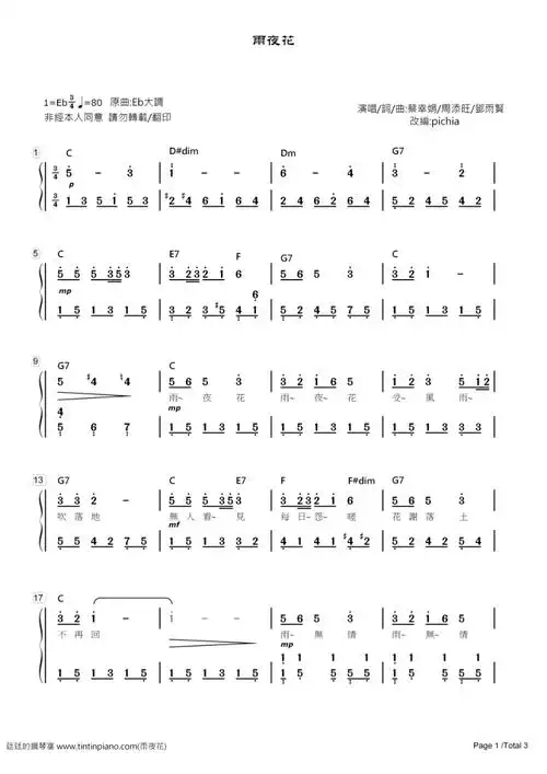 [简谱]-经典台语歌曲 - 雨夜花(附和弦 歌词)