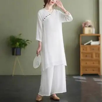 高端中国风女装禅服打坐禅服佛系女夏天茶艺师服装亚麻套装禅意茶服