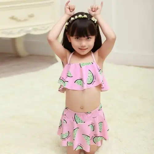 灵兰朵女童泳衣分体三角裤裙可爱印花沙滩海洋女孩儿童泳装6108 粉色