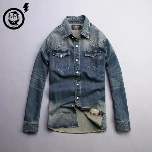 yudt雨的亭大叔推荐男水洗做旧牛仔衬衫尖领时尚潮衬衫男075