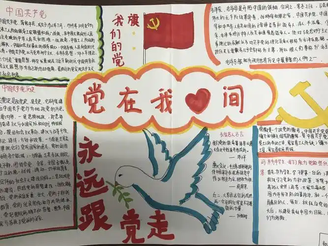创作出了100余份手抄报作品,同学们拿起手中的画笔,党旗,党徽,党史和