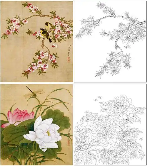 余稚工笔画白描底稿花鸟小品一套十二幅册页初学者尺寸3337厘米yt00