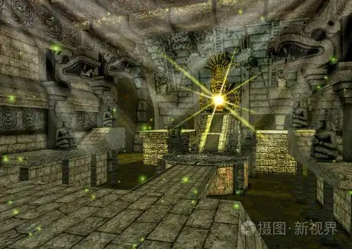 一个充满石头雕像的幻想玛雅神庙的场景.