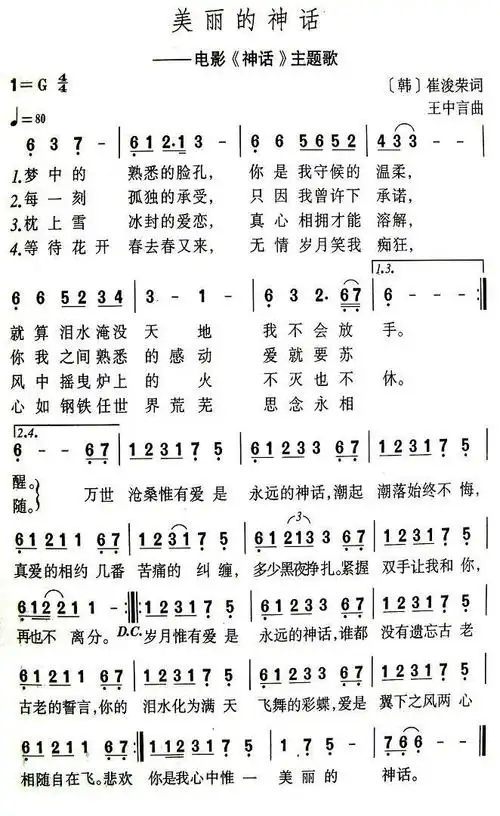 美丽的神话(电影《神话》主题歌)简谱图片