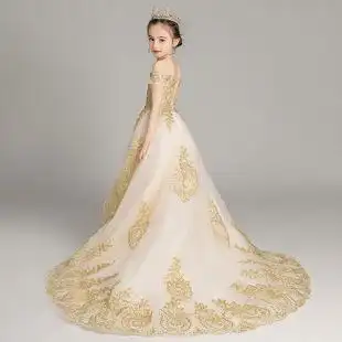 一字肩儿童礼服十岁女孩生日公主裙洋气花童走秀拖尾大提琴演出服