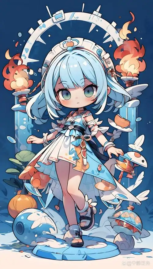 超级可爱的蓝色系q版卡通二次元美少女