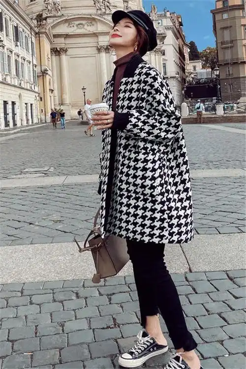 秋冬新品千鸟格呢子大衣女中长款秋冬2019新款小香风黑白格子妮子毛呢