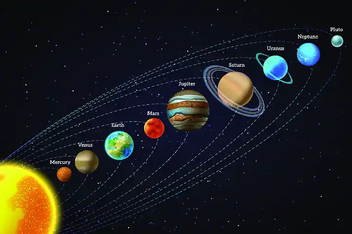 围绕太阳天文学教育援助横幅对角线设计与黑色背景抽象矢量插图的行星
