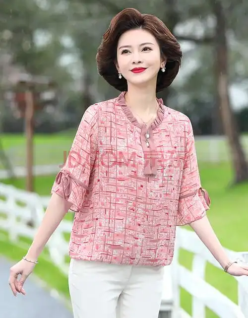 高端轻奢小个子妈妈夏装短袖t恤中年女装上衣服30岁40中老年雪纺小衫