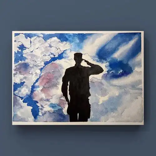 手绘水彩军人背影图附过程